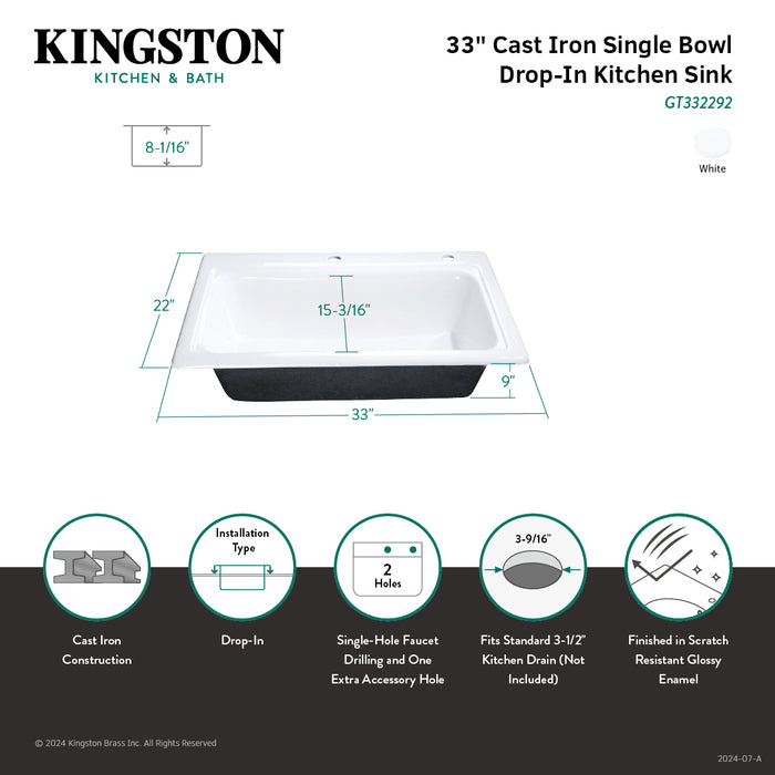 Towne GT332292 33-Inch Cast Iron Self-Rimming 2-Hole Single Bowl Drop-In Kitchen Sink, White