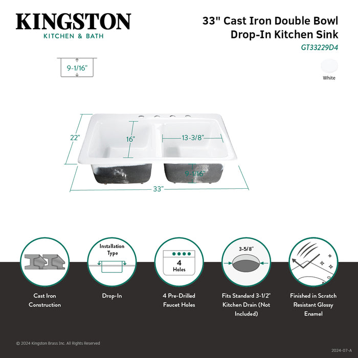 Petra Galley GT33229D4 33-Inch Cast Iron Self-Rimming 4-Hole Double Bowl Drop-In Kitchen Sink, White