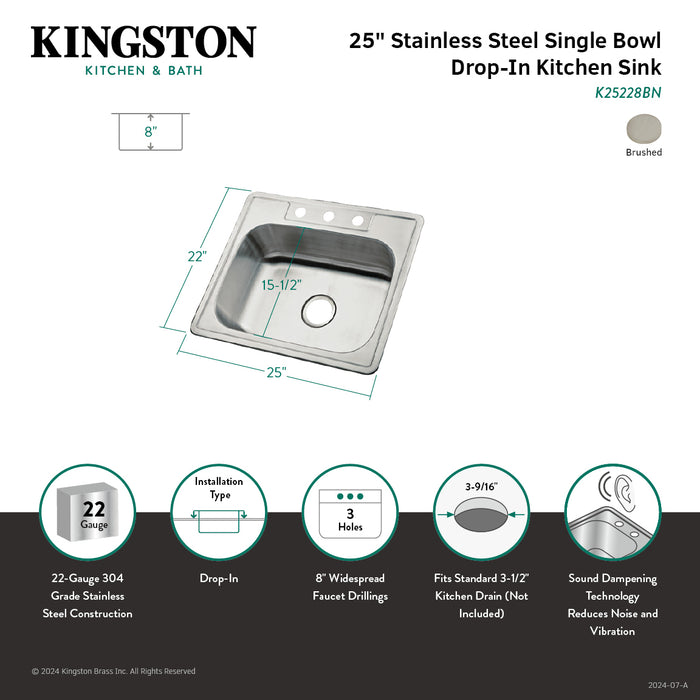 Carefree K25228BN 25-Inch Stainless Steel Self-Rimming 3-Hole Single Bowl Drop-In Kitchen Sink, Brushed