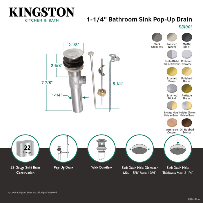 Trimscape KB1001 Brass Pop-Up Bathroom Sink Drain with Overflow, 22 Gauge, Polished Chrome