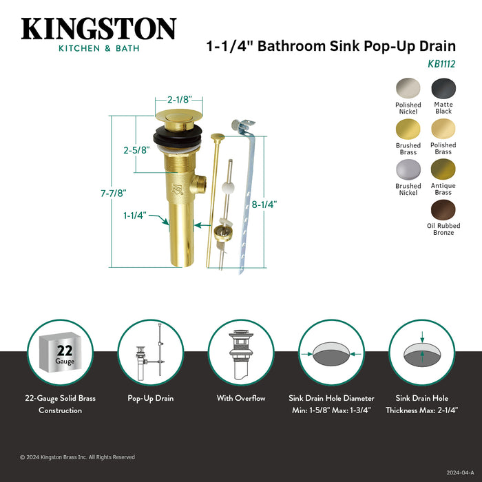 Made To Match KB1115 Brass Pop-Up Bathroom Sink Drain with Overflow, 22 Gauge, Oil Rubbed Bronze