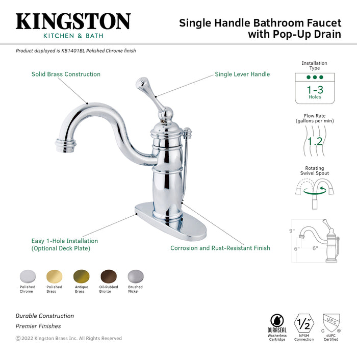 Victorian KB1402BL One-Handle 1-Hole Bathroom Faucet with Deck Plate and Pop-Up Drain, Polished Brass