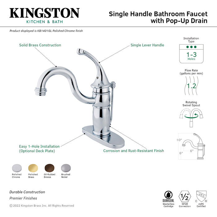 Georgian KB1402GL One-Handle 1-Hole Bathroom Faucet with Deck Plate and Pop-Up Drain, Polished Brass