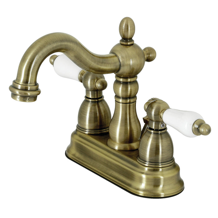 Heritage KB1603PL Double-Handle 3-Hole Deck Mount 4-Inch Centerset Bathroom Faucet with Pop-Up Drain, Antique Brass