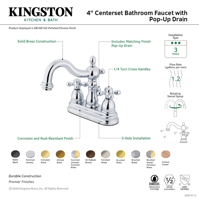 Heritage KB1604AX Double-Handle 3-Hole Deck Mount 4-Inch Centerset Bathroom Faucet with Pop-Up Drain, Polished Chrome/Polished Brass