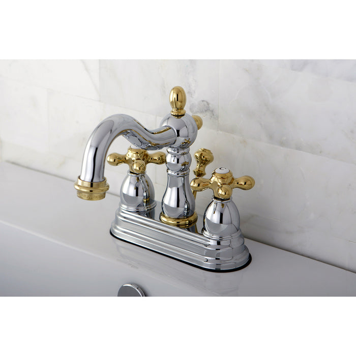 Heritage KB1604AX Double-Handle 3-Hole Deck Mount 4-Inch Centerset Bathroom Faucet with Pop-Up Drain, Polished Chrome/Polished Brass