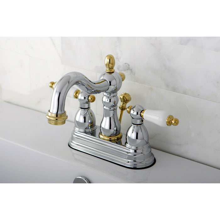 Heritage KB1604PL Double-Handle 3-Hole Deck Mount 4-Inch Centerset Bathroom Faucet with Pop-Up Drain, Polished Chrome/Polished Brass