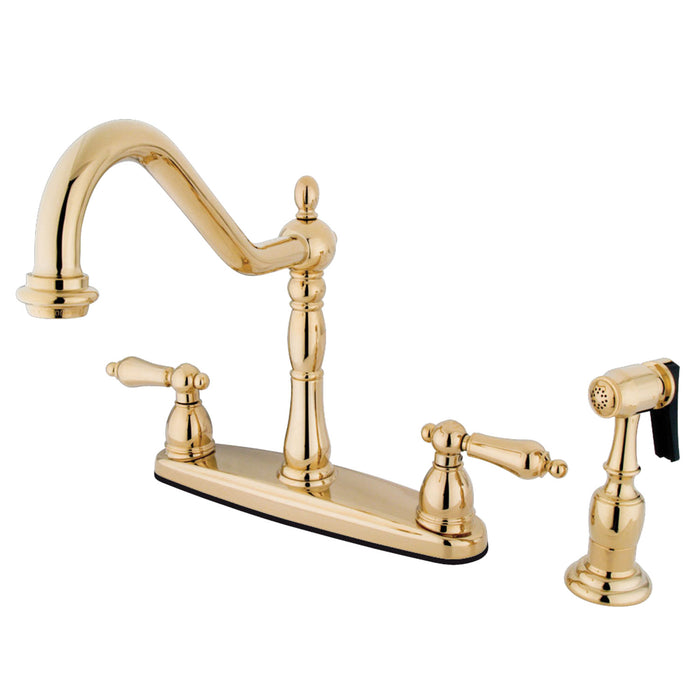 Heritage KB1752ALBS Two-Handle 4-Hole 8" Centerset Kitchen Faucet with Side Sprayer, Polished Brass