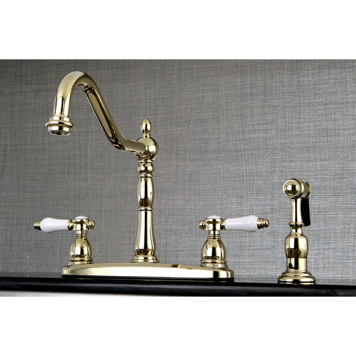 Bel-Air KB1752BPLBS Two-Handle 4-Hole 8" Centerset Kitchen Faucet with Side Sprayer, Polished Brass