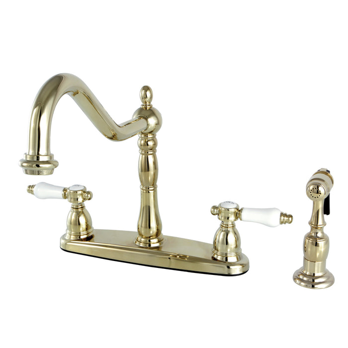 Bel-Air KB1752BPLBS Two-Handle 4-Hole 8" Centerset Kitchen Faucet with Side Sprayer, Polished Brass