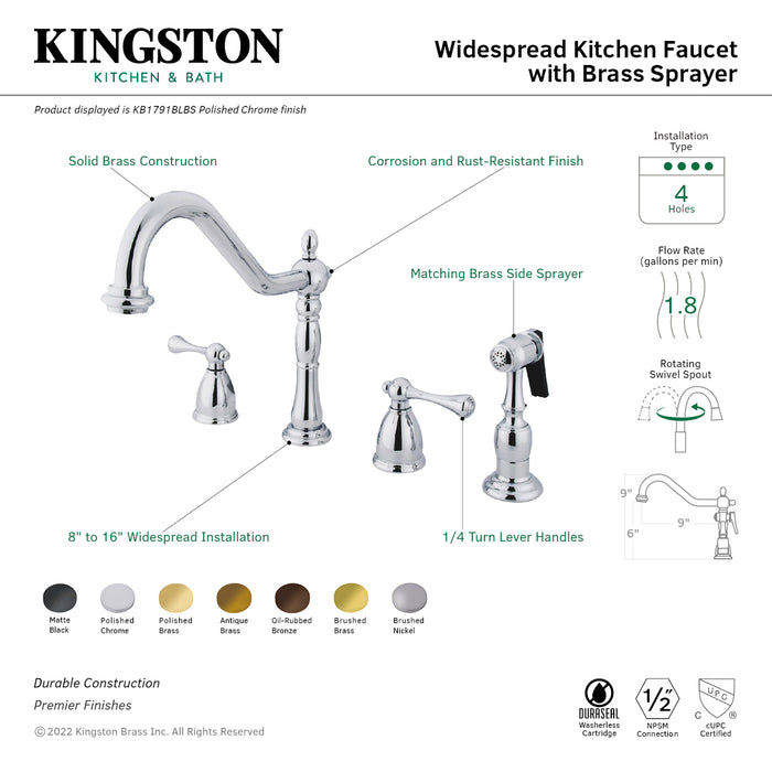 Heritage KB1790BLBS Two-Handle 4-Hole Deck Mount Widespread Kitchen Faucet with Brass Sprayer, Matte Black