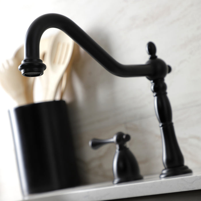 Heritage KB1790BLBS Two-Handle 4-Hole Deck Mount Widespread Kitchen Faucet with Brass Sprayer, Matte Black