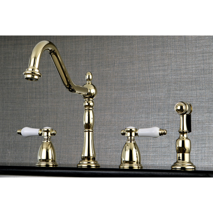 Bel-Air KB1792BPLBS Two-Handle 4-Hole Deck Mount Widespread Kitchen Faucet with Brass Sprayer, Polished Brass