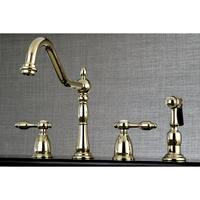 Tudor KB1792TALBS Two-Handle 4-Hole Deck Mount Widespread Kitchen Faucet with Brass Sprayer, Polished Brass