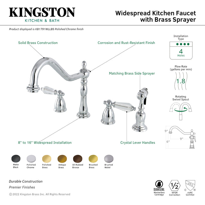 Wilshire KB1793WLLBS Two-Handle 4-Hole Deck Mount Widespread Kitchen Faucet with Brass Sprayer, Antique Brass