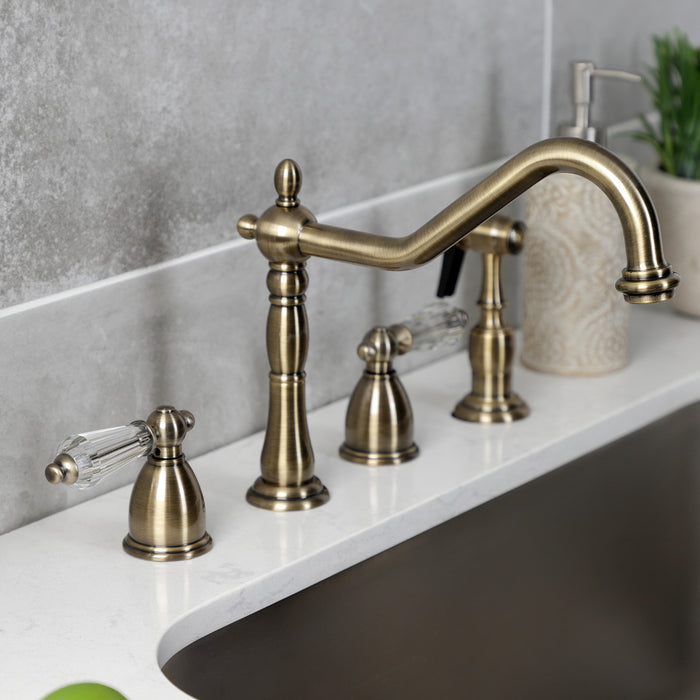 Wilshire KB1793WLLBS Two-Handle 4-Hole Deck Mount Widespread Kitchen Faucet with Brass Sprayer, Antique Brass