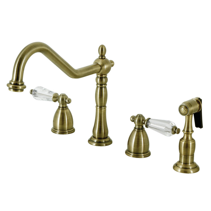 Wilshire KB1793WLLBS Two-Handle 4-Hole Deck Mount Widespread Kitchen Faucet with Brass Sprayer, Antique Brass