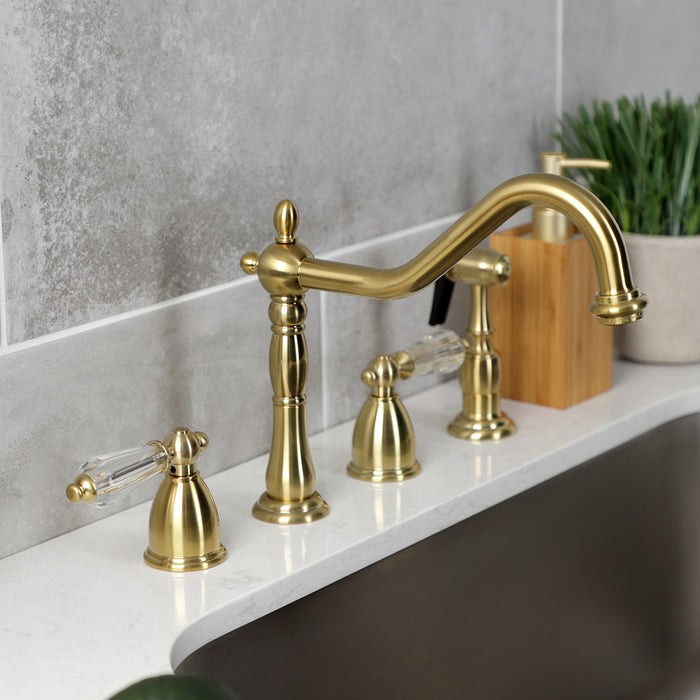 Wilshire KB1797WLLBS Two-Handle 4-Hole Deck Mount Widespread Kitchen Faucet with Brass Sprayer, Brushed Brass