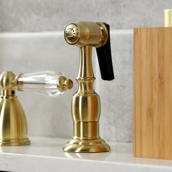 Wilshire KB1797WLLBS Two-Handle 4-Hole Deck Mount Widespread Kitchen Faucet with Brass Sprayer, Brushed Brass