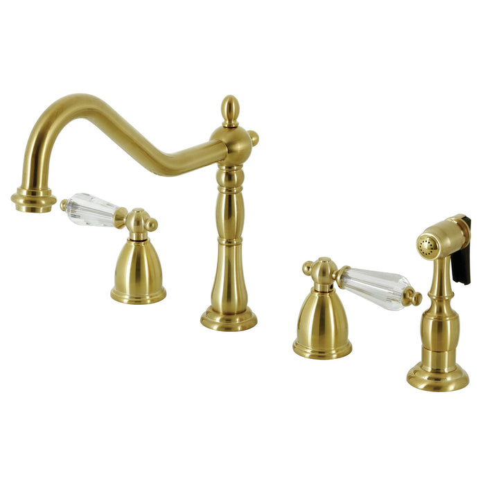 Wilshire KB1797WLLBS Two-Handle 4-Hole Deck Mount Widespread Kitchen Faucet with Brass Sprayer, Brushed Brass