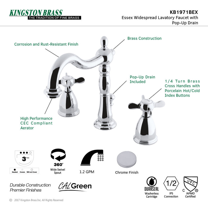 Essex KB1971BEX Two-Handle 3-Hole Deck Mount Widespread Bathroom Faucet with Retail Pop-Up Drain, Polished Chrome