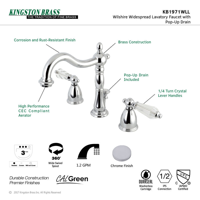 Wilshire KB1971WLL Two-Handle 3-Hole Deck Mount Widespread Bathroom Faucet with Retail Pop-Up Drain, Polished Chrome