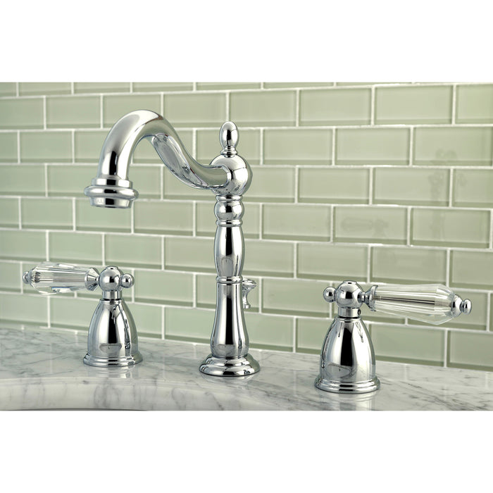 Wilshire KB1971WLL Two-Handle 3-Hole Deck Mount Widespread Bathroom Faucet with Retail Pop-Up Drain, Polished Chrome