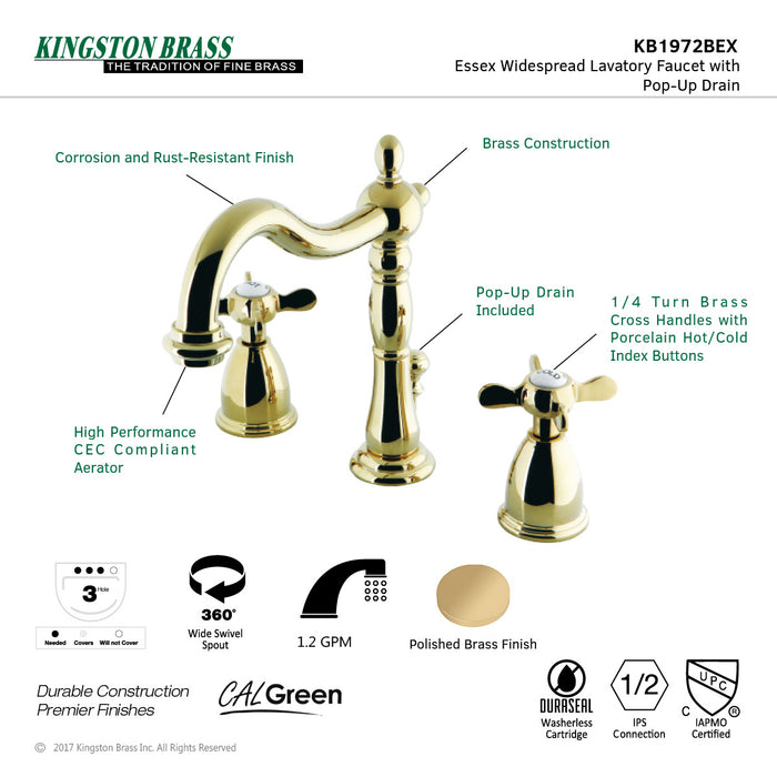 Essex KB1972BEX Two-Handle 3-Hole Deck Mount Widespread Bathroom Faucet with Brass Pop-Up Drain, Polished Brass