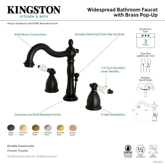 Heritage KB1972PL Two-Handle 3-Hole Deck Mount Widespread Bathroom Faucet with Brass Pop-Up Drain, Polished Brass