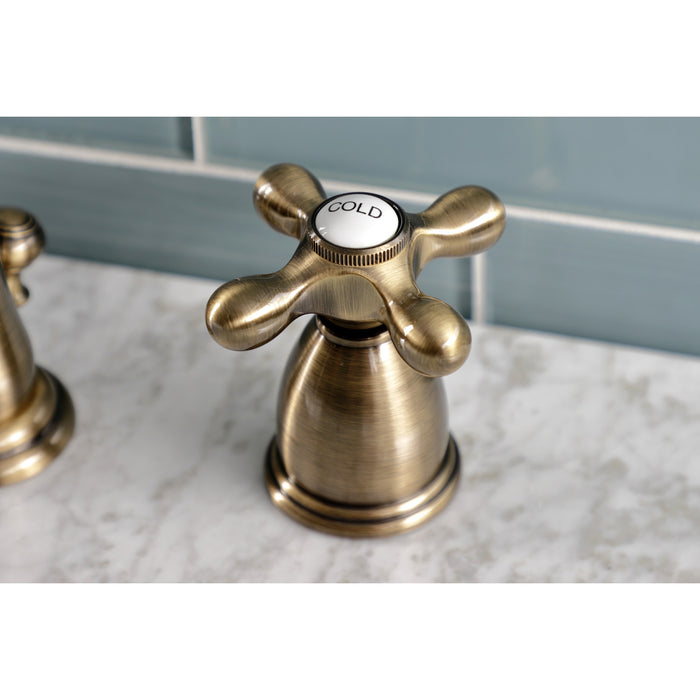 Heritage KB1973AX Two-Handle 3-Hole Deck Mount Widespread Bathroom Faucet with Brass Pop-Up Drain, Antique Brass