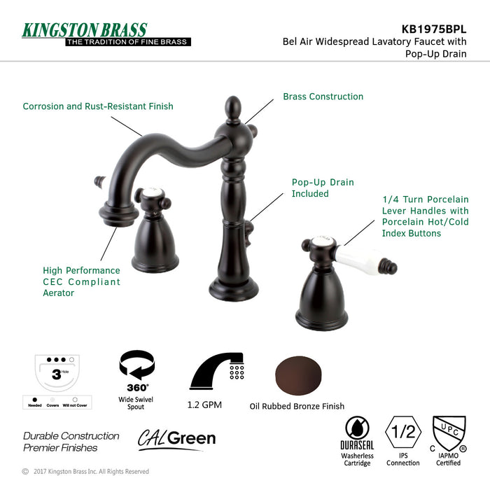 Bel-Air KB1975BPL Two-Handle 3-Hole Deck Mount Widespread Bathroom Faucet with Retail Pop-Up Drain, Oil Rubbed Bronze