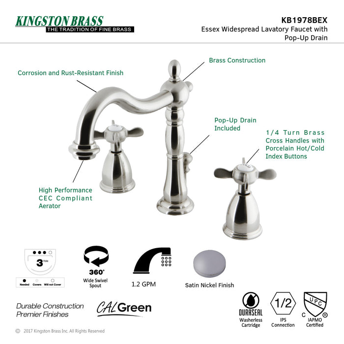 Essex KB1978BEX Two-Handle 3-Hole Deck Mount Widespread Bathroom Faucet with Retail Pop-Up Drain, Brushed Nickel