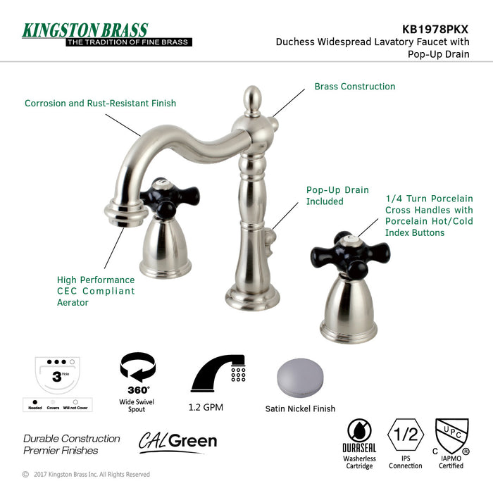 Duchess KB1978PKX Two-Handle 3-Hole Deck Mount Widespread Bathroom Faucet with Retail Pop-Up Drain, Brushed Nickel