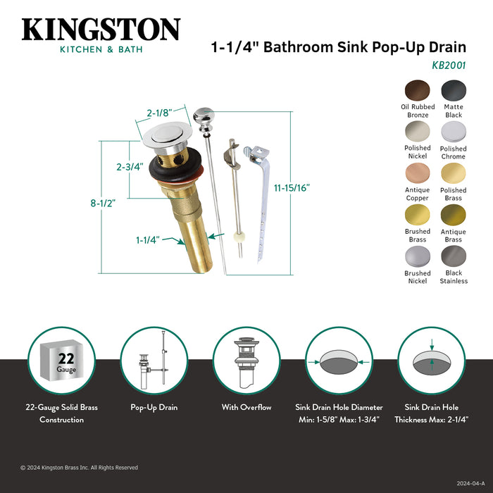 Trimscape KB2000 Brass Pop-Up Bathroom Sink Drain with Overflow, 22 Gauge, Matte Black