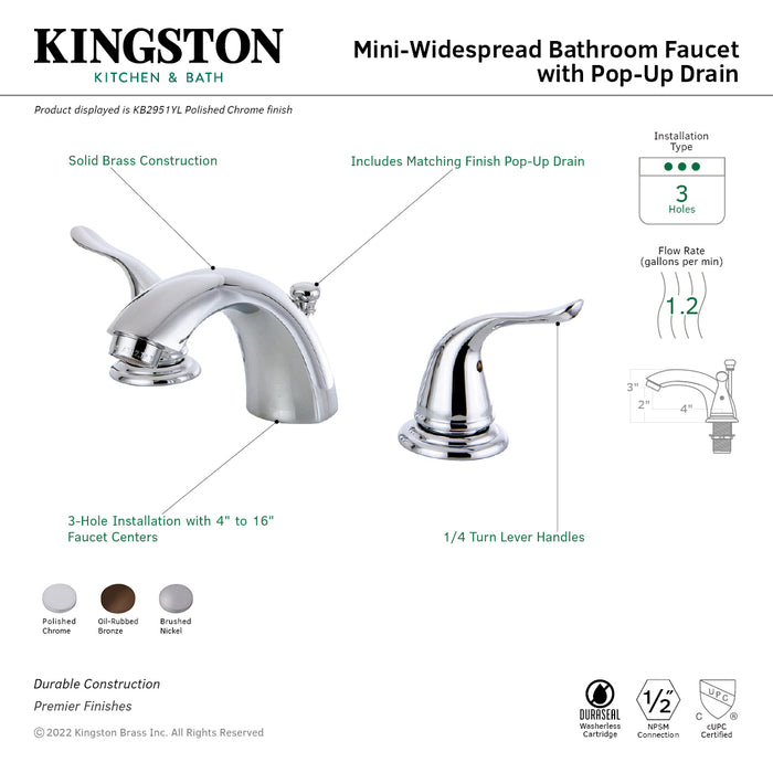 Yosemite KB2951YL Two-Handle 3-Hole Deck Mount Mini-Widespread Bathroom Faucet with Pop-Up Drain, Polished Chrome