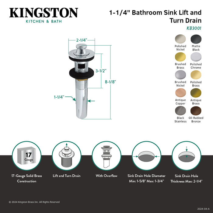 Fauceture KB3000 Brass Lift and Turn Bathroom Sink Drain with Overflow, 17 Gauge, Matte Black