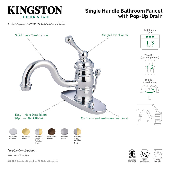 Victorian KB3401BL One-Handle 1-Hole Bathroom Faucet with Deck Plate and Pop-Up Drain, Polished Chrome