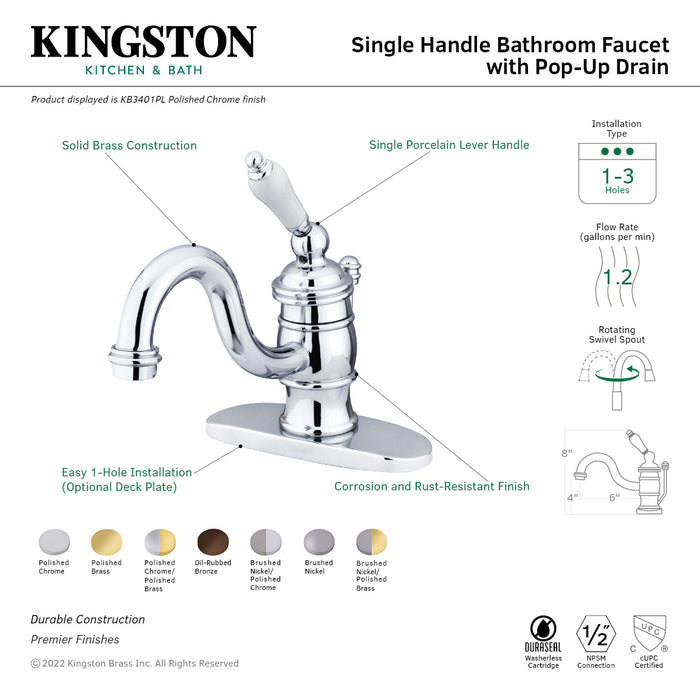 Victorian KB3409PL One-Handle 1-Hole Bathroom Faucet with Deck Plate and Pop-Up Drain, Brushed Nickel/Polished Brass