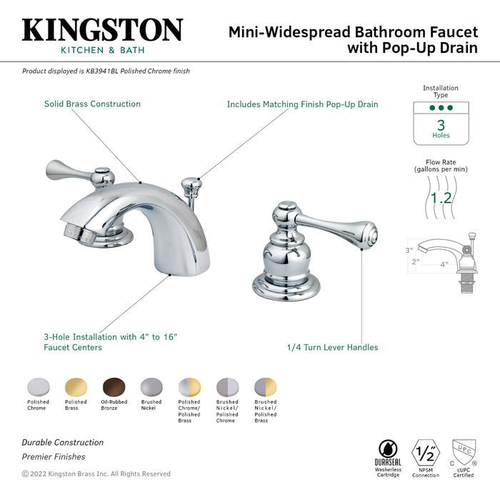 Vintage KB3947BL Two-Handle 3-Hole Deck Mount Mini-Widespread Bathroom Faucet with Pop-Up Drain, Brushed Nickel/Polished Chrome