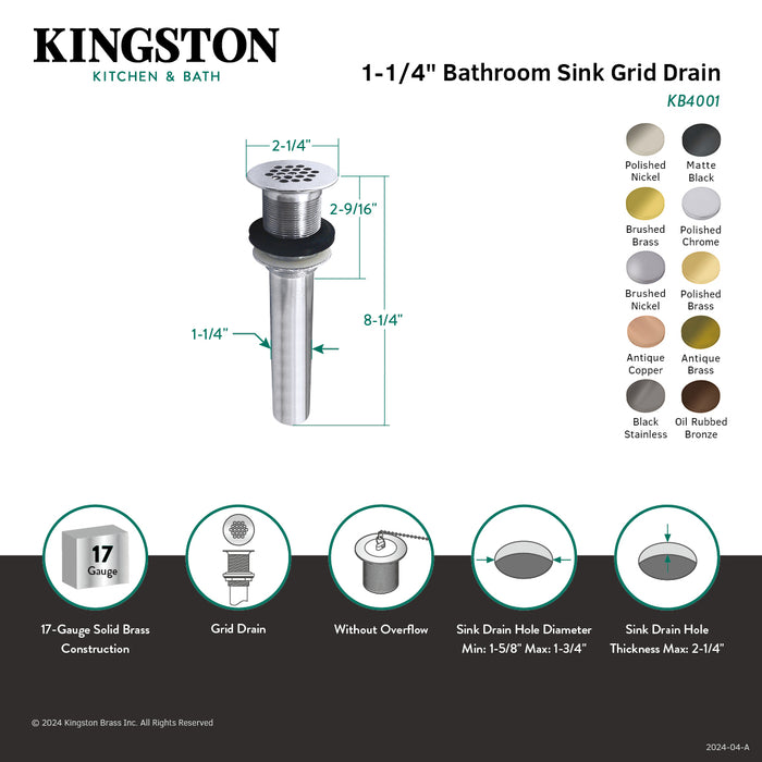 Trimscape KB4002 Brass Grid Bathroom Sink Drain without Overflow, 17 Gauge, Polished Brass