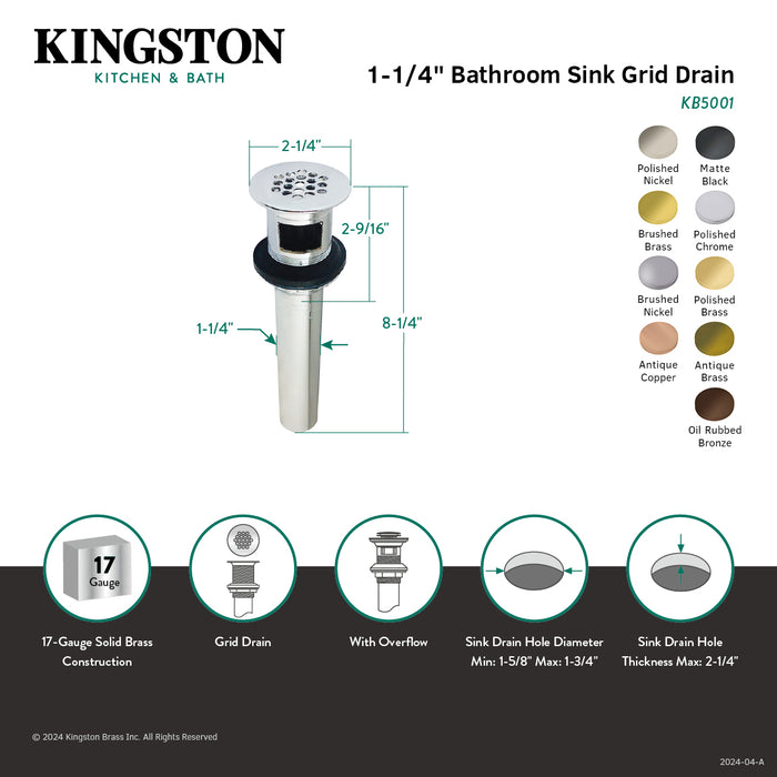 Trimscape KB5002 Brass Grid Bathroom Sink Drain with Overflow, 17 Gauge, Polished Brass