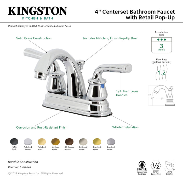 Restoration KB5611RXL Double-Handle 3-Hole Deck Mount 4-Inch Centerset Bathroom Faucet with Pop-Up Drain, Polished Chrome