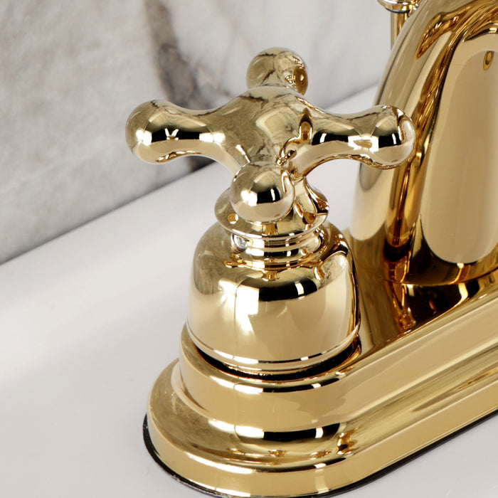 Restoration KB5612AX Two-Handle 3-Hole Deck Mount 4" Centerset Bathroom Faucet with Plastic Pop-Up, Polished Brass