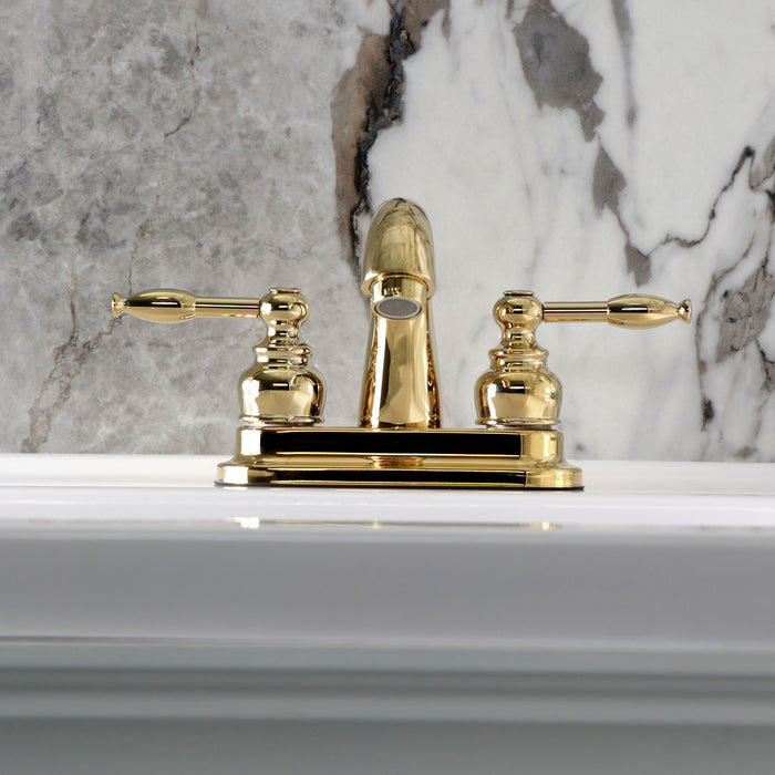 Knight KB5612KL Two-Handle 3-Hole Deck Mount 4" Centerset Bathroom Faucet with Plastic Pop-Up, Polished Brass