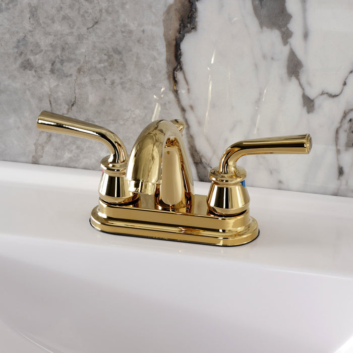 Restoration KB5612RXL Two-Handle 3-Hole Deck Mount 4" Centerset Bathroom Faucet with Plastic Pop-Up, Polished Brass