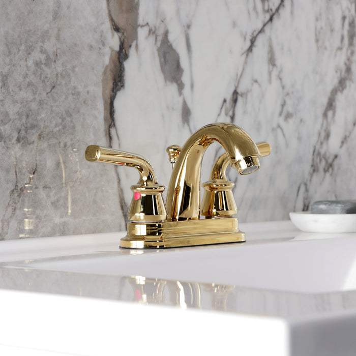 Restoration KB5612RXL Two-Handle 3-Hole Deck Mount 4" Centerset Bathroom Faucet with Plastic Pop-Up, Polished Brass