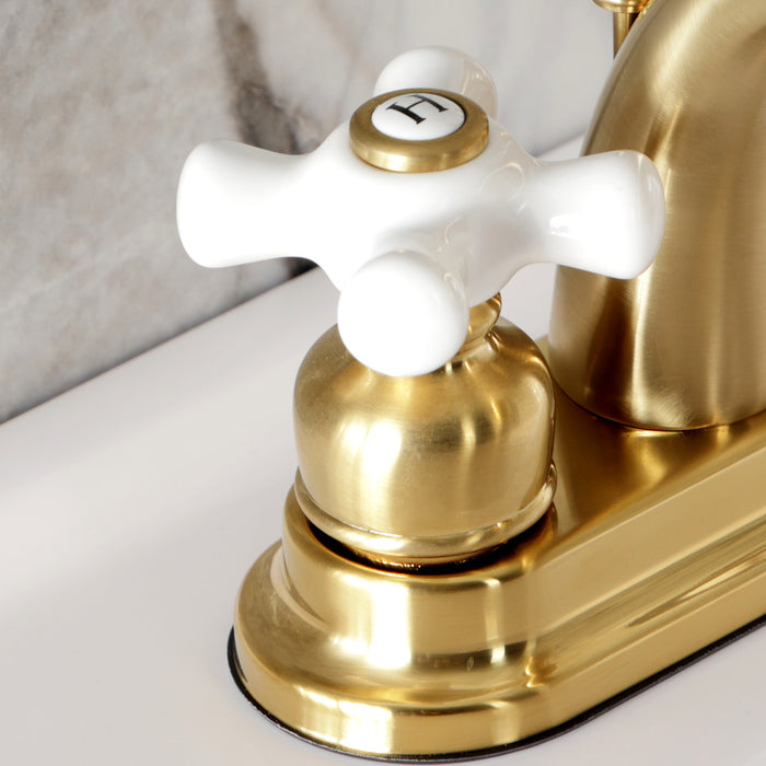 Restoration KB5617PX Double-Handle 3-Hole Deck Mount 4-Inch Centerset Bathroom Faucet with Pop-Up Drain, Brushed Brass