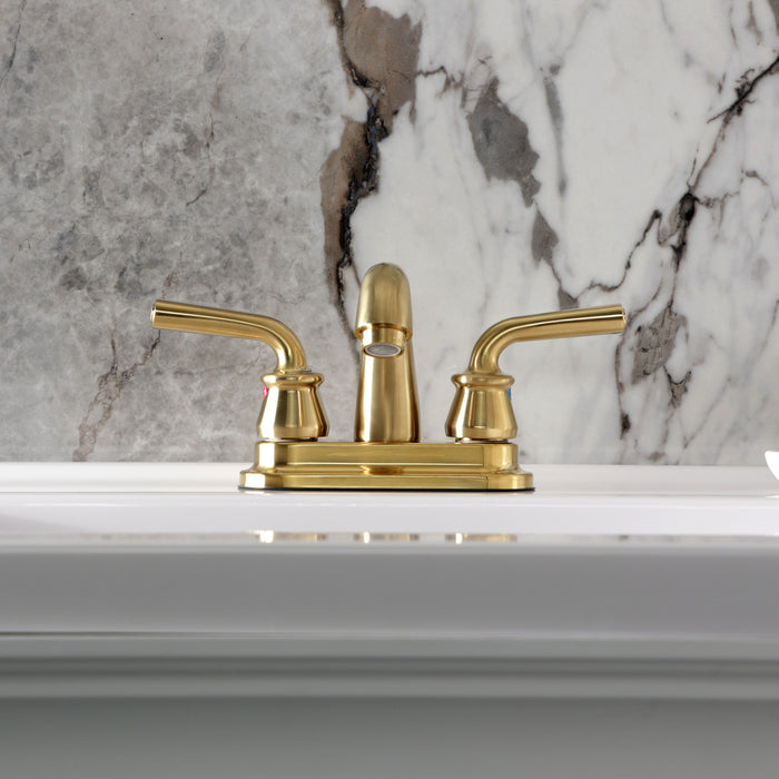 Restoration KB5617RXL Double-Handle 3-Hole Deck Mount 4-Inch Centerset Bathroom Faucet with Pop-Up Drain, Brushed Brass