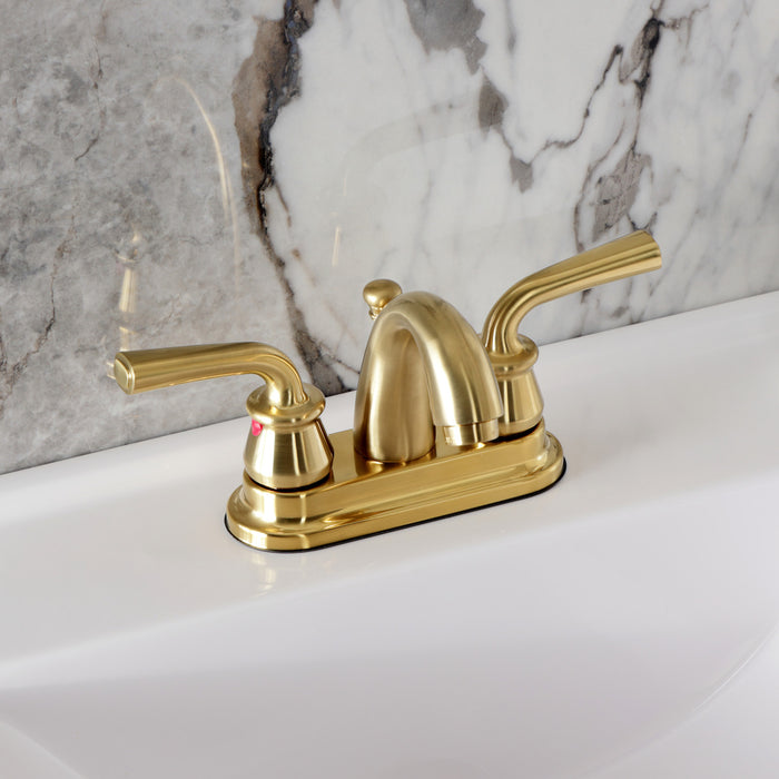 Restoration KB5617RXL Double-Handle 3-Hole Deck Mount 4-Inch Centerset Bathroom Faucet with Pop-Up Drain, Brushed Brass