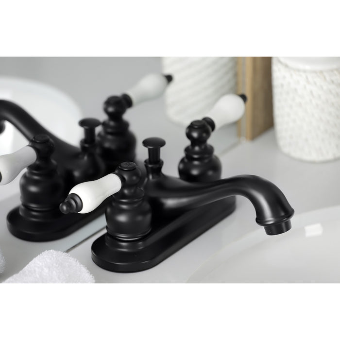 Restoration KB600PL Double-Handle 3-Hole Deck Mount 4-Inch Centerset Bathroom Faucet with Pop-Up Drain, Matte Black